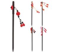 Healvian 5 horquillas tradicionales chinas con borlas, de madera retro con flores rojas, símbolo de buena suerte, accesorios para el cabello del Año Nuevo Lunar para Hanfu Qipao.