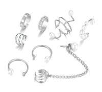 Healvian 8 piezas Pendientes de Perlas No Perforantes para Mujeres de Clips de Oreja con Cadena Dangle Elegantes y Cómodos Perfectos para Halloween y
