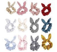 Healvian Anillos Cabello Orejas de Conejo y Lazo, 12 Piezas, Tamaño Mediano, de Tela a Cuadros Multicolor, Elásticos Cómodos para Mujeres y Niñas, Accesorios para Peinados Diarios y Fiestas