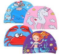 Healvian Gorros de Natación de Tela Unisex 1 a 7 Años, 4 Piezas Diseños de Cangrejo, Sirena, Unicornio y Ballena, Flexibles, Transpirables y Antideslizantes para Piscina y Natación