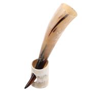 Healvian Jarra de Cuerno de Buey 380 Ml con Soporte de Madera Copa Grande para Hidromiel y Cerveza Vaso Decorativo Vintage Auténtico para Bar y Reuniones