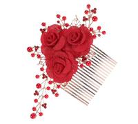Healvian Peine para Novia con Perlas Accesorio Floral Artesanal Rojo Peine para Boda y Resistente para Mujeres y Niñas