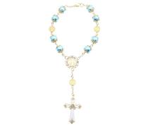 Healvian Pulsera de Cruz Católica Azul Cuentas de Vidrio y Perlas, Cadena de Muñeca de Aleación, Rosario Religiosa para Mujer, Joyería de Pulsera Diseño Resistente y Uso en Comuniones