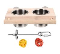 HEANUJJ Comedero para Pájaros y Bebedero para Loros, 1 Soporte para Cuenco, 2 Cuencos de Acero Inoxidable, 1 Tenedor para Fruta y 2 Bolas de Mimbre, Madera, Beige, para Color Aleatorio