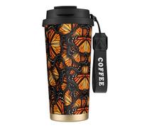 Heaps of Orange Monarch Butterflies - Botella de agua con tapa con popote, acero inoxidable, boca ancha, aislada, a prueba de fugas, para mujer, color negro