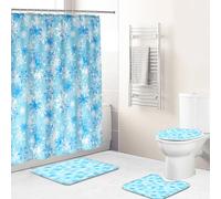 Hearda 4 Piezas Cortina de Ducha y Juego de Alfombras de Baño, Cortina de Ducha Tela con Ganchos y Alfombrilla de Baño, Tapa de Inodoro y Alfombra en Forma de U (Copos de Nieve)