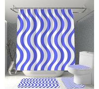 Hearda 4 Piezas Cortina de Ducha y Juego de Alfombras de Baño, Cortina de Ducha Tela Lavable con 12 Ganchos y Alfombrilla de Baño, Tapa de Inodoro y Alfombra en Forma de U (Ilusión de Olas,S)