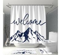 Hearda 4 Piezas Cortina de Ducha y Juego de Alfombras de Baño, Cortina de Ducha Tela Lavable con 12 Ganchos y Alfombrilla de Baño, Tapa de Inodoro y Alfombra en Forma de U (Montaña Azul,M)