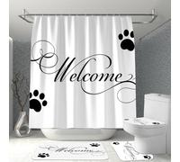 Hearda 4 Piezas Cortina de Ducha y Juego de Alfombras de Baño, Cortina de Ducha Tela Lavable con 12 Ganchos y Alfombrilla de Baño, Tapa de Inodoro y Alfombra en Forma de U (Huellas de Perro,S)