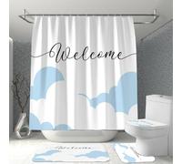 Hearda 4 Piezas Cortina de Ducha y Juego de Alfombras de Baño, Cortina de Ducha Tela Lavable con 12 Ganchos y Alfombrilla de Baño, Tapa de Inodoro y Alfombra en Forma de U (Nube Azul,S)