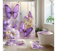 Hearda 4 Piezas Cortina de Ducha y Juego de Alfombras de Baño, Cortina de Ducha Tela Lavable con 12 Ganchos y Alfombrilla de Baño, Tapa de Inodoro y Alfombra en Forma de U (Mariposa 6,180x180cm)