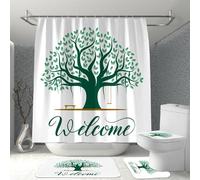 Hearda 4 Piezas Cortina de Ducha y Juego de Alfombras de Baño, Cortina de Ducha Tela Lavable con 12 Ganchos y Alfombrilla de Baño, Tapa de Inodoro y Alfombra en Forma de U (Árboles Verdes,S)