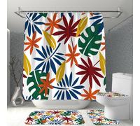 Hearda 4 Piezas Cortina de Ducha y Juego de Alfombras de Baño, Cortina de Ducha Tela Lavable con 12 Ganchos y Alfombrilla de Baño, Tapa de Inodoro y Alfombra en Forma de U (Hojas variegadas,M)