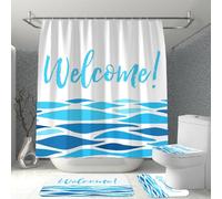 Hearda 4 Piezas Cortina de Ducha y Juego de Alfombras de Baño, Cortina de Ducha Tela Lavable con 12 Ganchos y Alfombrilla de Baño, Tapa de Inodoro y Alfombra en Forma de U (Mar Azul,S)