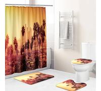 Hearda 4 Piezas Cortina de Ducha y Juego de Alfombras de Baño, Patrón 3D Cortina de Ducha Tela con Ganchos y Alfombrilla de Baño, Tapa de Inodoro y Alfombra en Forma de U (Ciudad roja)