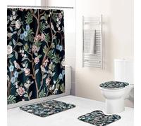 Hearda 4 Piezas Cortina de Ducha y Juego de Alfombras de Baño, Patrón 3D Cortina de Ducha Tela con Ganchos y Alfombrilla de Baño, Tapa de Inodoro y Alfombra en Forma de U (Árbol floreciente)