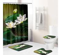 Hearda 4 Piezas Cortina de Ducha y Juego de Alfombras de Baño, Patrón 3D Cortina de Ducha Tela con Ganchos y Alfombrilla de Baño, Tapa de Inodoro y Alfombra en Forma de U (Flores Blancas)