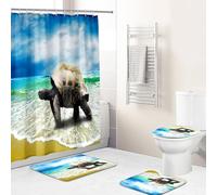 Hearda 4 Piezas Cortina de Ducha y Juego de Alfombras de Baño, Patrón 3D Cortina de Ducha Tela con Ganchos y Alfombrilla de Baño, Tapa de Inodoro y Alfombra en Forma de U (Tortuga de Playa)