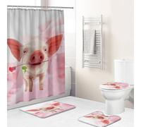 Hearda 4 Piezas Cortina de Ducha y Juego de Alfombras de Baño, Patrón 3D Cortina de Ducha Tela con Ganchos y Alfombrilla de Baño, Tapa de Inodoro y Alfombra en Forma de U (Cerdo Rosa)