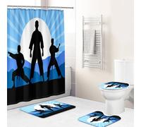 Hearda 4 Piezas Cortina de Ducha y Juego de Alfombras de Baño, Patrón 3D Cortina de Ducha Tela con Ganchos y Alfombrilla de Baño, Tapa de Inodoro y Alfombra en Forma de U (Taekwondo)