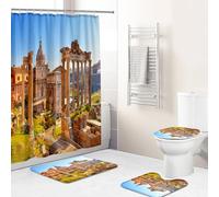 Hearda 4 Piezas Cortina de Ducha y Juego de Alfombras de Baño, Patrón 3D Cortina de Ducha Tela con Ganchos y Alfombrilla de Baño, Tapa de Inodoro y Alfombra en Forma de U (Castillo de Piedra)