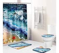 Hearda 4 Piezas Cortina de Ducha y Juego de Alfombras de Baño, Patrón 3D Cortina de Ducha Tela con Ganchos y Alfombrilla de Baño, Tapa de Inodoro y Alfombra en Forma de U (Estrella de Mar Roja)