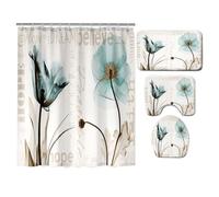 Hearda 4 Piezas Cortina de Ducha y Juego de Alfombras de Baño, Patrón 3D Cortina de Ducha Tela Lavable con 12 Ganchos y Alfombrilla de Baño, Tapa de Inodoro y Alfombra en Forma de U (Flores Verdes)