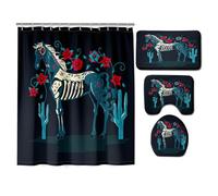 Hearda 4 Piezas Cortina de Ducha y Juego de Alfombras de Baño, Patrón 3D Cortina de Ducha Tela Lavable con 12 Ganchos y Alfombrilla de Baño, Tapa de Inodoro y Alfombra en Forma de U (Caballo Floral)