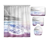 Hearda 4 Piezas Cortina de Ducha y Juego de Alfombras de Baño, Patrón 3D Cortina de Ducha Tela Lavable con 12 Ganchos y Alfombrilla de Baño, Tapa de Inodoro y Alfombra en Forma de U (Playa)