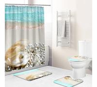 Hearda 4 Piezas Cortina de Ducha y Juego de Alfombras de Baño, Patrón 3D Cortina de Ducha Tela Lavable con 12 Ganchos y Alfombrilla de Baño, Tapa de Inodoro y Alfombra en Forma de U (Perla de Concha)
