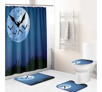 Hearda 4 Piezas Cortina de Ducha y Juego de Alfombras de Baño, Patrón 3D Cortina de Ducha Tela Lavable con 12 Ganchos y Alfombrilla de Baño, Tapa de Inodoro y Alfombra en Forma de U (Murciélago)