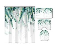 Hearda 4 Piezas Cortina de Ducha y Juego de Alfombras de Baño, Patrón 3D Cortina de Ducha Tela Lavable con 12 Ganchos y Alfombrilla de Baño, Tapa de Inodoro y Alfombra en Forma de U (Hoja de plátano)