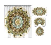 Hearda 4 Piezas Cortina de Ducha y Juego de Alfombras de Baño, Patrón 3D Cortina de Ducha Tela Lavable con 12 Ganchos y Alfombrilla de Baño, Tapa de Inodoro y Alfombra en Forma de U (Datura Dorada)