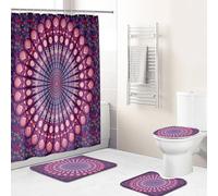 Hearda 4 Piezas Cortina de Ducha y Juego de Alfombras de Baño, Patrón 3D Cortina de Ducha Tela Lavable con 12 Ganchos y Alfombrilla de Baño, Tapa de Inodoro y Alfombra en Forma de U (Mandala Morado)
