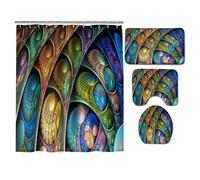 Hearda 4 Piezas Cortina de Ducha y Juego de Alfombras de Baño, Patrón 3D Cortina de Ducha Tela Lavable con 12 Ganchos y Alfombrilla de Baño, Tapa de Inodoro y Alfombra en Forma de U (Ilusión Retro)