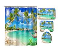 Hearda 4 Piezas Cortina de Ducha y Juego de Alfombras de Baño, Patrón 3D Cortina de Ducha Tela Lavable con 12 Ganchos y Alfombrilla de Baño, Tapa de Inodoro y Alfombra en Forma de U (Isla)