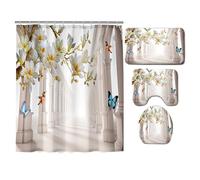 Hearda 4 Piezas Cortina de Ducha y Juego de Alfombras de Baño, Patrón 3D Cortina de Ducha Tela Lavable con 12 Ganchos y Alfombrilla de Baño, Tapa de Inodoro y Alfombra en Forma de U (Flor de magnolia)