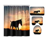 Hearda 4 Piezas Cortina de Ducha y Juego de Alfombras de Baño, Patrón 3D Cortina de Ducha Tela Lavable con 12 Ganchos y Alfombrilla de Baño, Tapa de Inodoro y Alfombra en Forma de U (Perro Negro)
