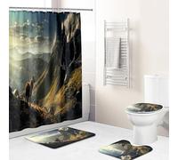 Hearda 4 Piezas Cortina de Ducha y Juego de Alfombras de Baño, Patrón 3D Cortina de Ducha Tela Lavable con 12 Ganchos y Alfombrilla de Baño, Tapa de Inodoro y Alfombra en Forma de U (Ciervo marrón)