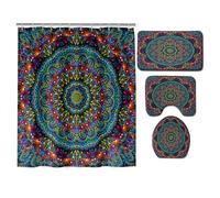 Hearda 4 Piezas Cortina de Ducha y Juego de Alfombras de Baño, Patrón 3D Cortina de Ducha Tela Lavable con 12 Ganchos y Alfombrilla de Baño, Tapa de Inodoro y Alfombra en Forma de U (Mandala Visual)