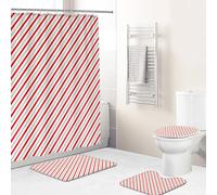 Hearda 4 Piezas Cortina de Ducha y Juego de Alfombras de Baño, Patrón 3D Cortina de Ducha Tela Lavable con 12 Ganchos y Alfombrilla de Baño, Tapa de Inodoro y Alfombra en Forma de U (Rayas Rojas)