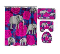 Hearda 4 Piezas Cortina de Ducha y Juego de Alfombras de Baño, Patrón 3D Cortina de Ducha Tela Lavable con 12 Ganchos y Alfombrilla de Baño, Tapa de Inodoro y Alfombra en Forma de U (Elefante Gris)