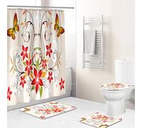 Hearda 4 Piezas Cortina de Ducha y Juego de Alfombras de Baño, Patrón 3D Cortina de Ducha Tela Lavable con 12 Ganchos y Alfombrilla de Baño, Tapa de Inodoro y Alfombra en Forma de U (Jacquard Floral)