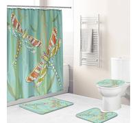 Hearda 4 Piezas Cortina de Ducha y Juego de Alfombras de Baño, Patrón 3D Cortina de Ducha Tela Lavable con 12 Ganchos y Alfombrilla de Baño, Tapa de Inodoro y Alfombra en Forma de U (Libélula)