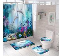 Hearda Juego de 4 Cortinas de Ducha Antideslizantes 3D Vida Marina Impresión para Baño + Tapa de Inodoro + Alfombras + Alfombrilla de Baño + Cortina de Ducha con 12 Ganchos (4PC,Pescado Azul)