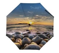 Hearda Paraguas Plegable Manual, Patrón Vista Marítima 3D Paraguas Antiviento UV Protección Compacto Paraguas Impermeable Paraguas Ligero de Viaje para Hombre Mujer y Infantil (Salida del Sol)