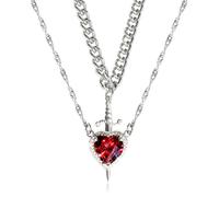 Heart and Sword Necklace, You are in My Heart Couples Necklace Matching Necklace, Red Crystal Heart Sword Pendant Layered Romantic Necklace, Jewelry Gift for Her Him (Both Silver)