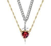 Heart and Sword Necklace, You are in My Heart Couples Necklace Matching Necklace, Red Crystal Heart Sword Pendant Layered Romantic Necklace, Jewelry Gift for Her Him (Silver Sword+Golden Heart)