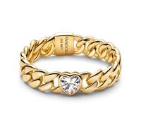 Heart Cuban Chain 14k Gold Plated Ring with Clear Cubic Zirconia
