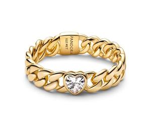Heart Cuban Chain 14k Gold Plated Ring with Clear Cubic Zirconia